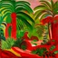 Placeholder: An orangish red jungle near a badland painted by Henri Matisse