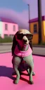 Placeholder: Snoop dogg, sitting. a chair. pink houses, pink sky, pink smoke, trees, outdoors. Groove street. 28mm