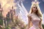 Placeholder: castle in background, beautiful, soft, big smiling, straight and long blonde hair, dewy and shiny atmosphere, diamond crown, long fairy wings in the back, full head, pink veil clothes