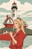 Placeholder: 23 years old girl, with blond hair and a messy bun like selah sue. standing on in a red boat, wearing red clothes and holding binoculars watching something in the middle of the sea. She is standing on a lighthouse. Wes anderson style. In front. Sarcastic vibe.