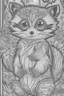 Placeholder: coloring book page of a magical raccon pokemon ,monochrome, black and white, sharp, sketch drawing