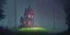 Placeholder: Ruined abandoned overgrown small castle tower in a dense coniferous forest, night, misty, atmospheric, fireflies