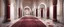 Placeholder: Hyper realistic detailed hallway inside White wall Mosque with maroon pillars & beautiful carpet at night