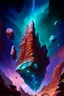 Placeholder: Towering starship fortress in red canyon with blue and green mineral rocks nebula starry sky painterly rpg art