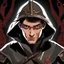 Placeholder: A thin man with dark hair, brown eyes in a medieval costume with the Targaryen Dragon House emblem