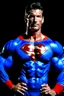 Placeholder: extremely muscular, short, curly, buzz-cut, military-style haircut, pitch black hair, Paul Stanley/Elvis Presley/Pierce Brosnan/Jon Bernthal/Sean Bean/Dolph Lundgren/Keanu Reeves/Patrick Swayze/ hybrid, as the extremely muscular Superhero "SUPERSONIC" in an original patriotic red, white and blue, "Supersonic" Super suit with with an America Flag Cape,