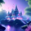 Placeholder: very beautiful crystal building , elegant, cascades, trees, atmospheric, realistic, cinematic lighting, pink blue light, 8k, galactic atmosphere, flowers