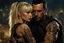 Placeholder: Jason David Frank short dark hair with tribal tattoos hugging pretty blonde shorthaired girl crying, photo realistic, modern dark fantasy, cityscape