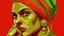 Placeholder: Extreme close-up portrait of a 36-year-old Indian woman wearing a red turban and golden earrings, intense eye makeup, a small green praying mantis resting on her finger near her face, minimal background, art nouveau illustration style