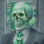 Placeholder: a head and shoulders portrait of a skeleton dressed in a three-piece suit as the president of the united states, based on us currency, united states one dollar bill, shades of green, real-life, colors match the united states one dollar bill, realistic, robotic,