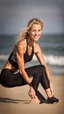 Placeholder: anorexic beautiful woman, age 21, total shot, black capri leggins, triathlon top, blonde surfer hair, blurred beach background