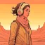 Placeholder: Moebius style scifi pilot girl with headphones and exosuit solid earthy colors with a desert and dusty station in the background