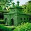 Placeholder: A green castle covered in leafy foliage designed in Chinese paper art painted by Keith Haring