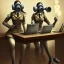 Placeholder: cute girls sitting at the computer in military gas masks. the masks are checkered.