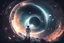 Placeholder: #image abstract minimalistic space picture with a astronaut coding in space with big spaceship in the space and overlooking a blackhole that is covered my human machinery.