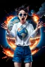 Placeholder: An image of a young Korean woman with a surprised expression, holding her hands up as if she is reacting to a catastrophic event in front of her. She is wearing a white blouse with detail, blue shorts, and sunglasses pushed up onto her head. In front of her, there is a highly detailed planet resembling Earth, dramatically cracking and breaking apart with fiery explosions and molten lava visible at the fractures. Debris is flying outward from the planet. The background is stars/space