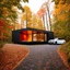 Placeholder: Cozy forest retreat, futuristic modern house in an autumn forest of vibrant colors. Contemporary design with clean lines and large windows, which radiate a feeling of warmth and comfort. A white car parked on the winding driveway leading to the house adds a touch of modernity to the rustic surroundings. The path is dotted with fallen leaves. Around the house, dense mix of green, orange and yellow foliage. 8k