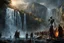 Placeholder: skeletons, zombies, banshees, wraiths and ghosts killing humans at the foot of a 3.000 feet high waterfall. fantasy setting, horror. exquisite realism, a masterpiece, fantasy concept art, dynamic lighting, hyperdetailed, intricately detailed, deep color, Unreal Engine, volumetric lighting, Epic cinematic brilliant stunning intricate meticulously detailed dramatic atmospheric maximalist digital matte painting