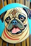 Placeholder: make a round-shaped art with one happy Pug. At the bottom of the art I want a white stripe to write a name