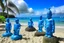 Placeholder: A blue beach with Hawaiian tiki statues painted by Georges Seurat