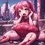 Placeholder: a cute big poster of a "Anime girl crushed inside really darkred fleshy stomach filled with digestive juices, sit pose, fullbody, slobbe, style, pink tones, rolling eyes, saliva drip, open mouth, " cinematic, a city in the background, finger lying on mouth crack, huge veiny on arms, fingers cute lying on mouth crack, 1girl, huge hip bones, veiny neck, Mejiri Pose, eyes rolled back, tongue out, mouth open, blush