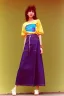 Placeholder: year 1996 denim fashion. Loose skirt, low waist. Colors: denim blue, blue, purple, cream, khaki, light green, lilac, plum, orange, terracotta, red, light yellow, lion yellow, pink, dark blue, beige. Gwen Stephani