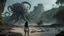 Placeholder: Wide-angle shot of a woman, standing on the right side on an alien beach, with dark hair in a silver robotic catsuit, many floating aliens with long tentacles, alien jungle trees in the distance detailed matte painting, deep colour