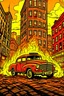 Placeholder: Burning oldtimer car in the city, psycho, borderlands, cartoon