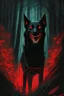 Placeholder: in the style of William Adolphe Bouguereau, a monstrous black hound with red, glowing eyes and sharp teeth, a wicked grin in a dark forest