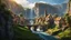 Placeholder: a small medieval town at the foot of multiple waterfalls. a steep, narrow, tall cliff valley. a masterpiece, fantasy concept art, dynamic lighting, hyperdetailed, intricately detailed, deep color, Unreal Engine, volumetric lighting, Epic cinematic brilliant stunning intricate meticulously detailed dramatic atmospheric maximalist digital matte painting