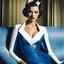 Placeholder: create the following photo: [color photo by Helmut Newton] 1950s photorealistic woman wearing a blue and white spandex superhero costume with a royal lily flower symbol on the chest, sitting on a sofa.