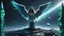 Placeholder: angels with a beautiful face with a wings siting on the monolith made of tiberium crystals of lights, matrix universe, planets on the back grounds, green crystals of tiberium on the life and right