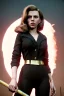 Placeholder: retro portrait image from 1960, New York explosion, long hair, young Scarlett Johansson, classic black tight lycra suit, weapon metal sticks, gold bracelet and belt, high heel boots, soft color, highly detailed, unreal engine 5, ray tracing, RTX, lumen lighting, ultra detail, volumetric lighting, 3d, finely drawn, high definition, high resolution.