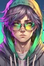 Placeholder: Anime man with glasses, messy rainbow hair, wearing a hooded sweatshirt, realistic