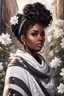 Placeholder: create an urban culture art image of a black curvy female looking to the side with a curly messy bun in a wrapped hair scarf. prominent make up with hazel eyes. 2k Highly detailed hair. Background of white clematis flowers surrounding her, full body