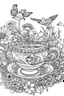 Placeholder: Outline art for coloring page, AVANT GARDE DRAWING TEACUP SET IN A GARDEN, coloring page, white background, Sketch style, only use outline, clean line art, white background, no shadows, no shading, no color, clear