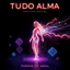 Placeholder: A electronic album cover with a vibrant and dynamic design. The title 'TUDO ALMA' is prominently displayed in sleek, neon-colored typography that glows against a dark, space-like background. The central image features a woman made of light, their body dissolving into a stream of colorful data and sound waves, symbolizing the fusion of soul. Surrounding the figure are abstract shapes and geometric patterns, all pulsating with energy, creating a sense of movement and rhythm. A masterpiece.