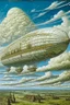 Placeholder: A white airship with bombs in the cloudy sky designed in ancient Greek mosaics painted by Vincent van Gogh