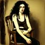 Placeholder: Breathtaking arab 30 years old woman with pale skin she is sitting on an old chair and has a tiny tanktop from the waist up, she has long black curly hair, petite figure, wide hips, prominent nose, thick lips, she has just been slapped around, by Egon Schiele, gustave dore, david mann, retro vintage style, hd photography, hyperrealism, graphite pencil drawing, realistic, natural, b&w illustration, fine art, beautiful watercolor painting, realistic, detailed, by olga shvartsur, svetlana novikova