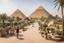 Placeholder: A tourist walkway in Egypt overlooking the pyramids and has green spaces, street seating , and shops on both sides