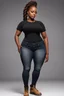 Placeholder: Create a digital image of a curvy black female wearing tight cut up jeans and a black tshirt with timberland boots. Prominent make up with hazel eyes. Highly detail two twist braids going down her head.