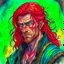 Placeholder: dnd, fantasy, watercolour, large strokes, stylistic, portrait, illustration, dull colours, male, face, narrow long face, weathered face, green eyes, determined, smiling, red hair, very long hair streaming down the shoulders, radiating light, five o'clock shadow
