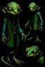 Placeholder: Artist Jean-Baptiste Monge style. A old biomorph male humanoid with Lizard face. Bright eyes. A green and blue striped outfit. Modifiers: Tim Burton Craig Rutkowski Modifiers:neon glowing Iridescent black ink