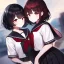 Placeholder: Clear focus, High resolution, fluffy black short hair, dark red eyes, wearing a black and red sailor uniform and pleated black skirt, fluffy hair, detailed outfit, wearing red eyelashes