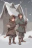 Placeholder: DnD style, two medieval peasant kids playing in the snow, female age 14 and male age 15, happy and playful, he has a short sword.