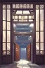 Placeholder: yelan looking out window from inside ancient chinese style building, outside raining