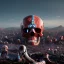 Placeholder: a picture of a dark, comedic, anatomically correct wall of red white and blue tightly packed stacked cyborg skulls of varying sizes and expressions, photo realistic, insanely meticulous, highly detailed, part of a collection of bones on display, 64k, dystopian, vray