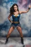 Placeholder: Lucy Hale wonder woman extremely huge, overexaggerated muscles, posing and flexing in a front of the camera, random extreme action poses, an extremely colorful, multicolored foggy blue marble wall in the background with a colorful marble tile floor, multicolored lightning, realism engine,