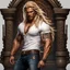 Placeholder: handsome king, muscular, long blonde hair, male age 30, wearing jeans and a white shirt, tan skin, tattoos,photorealistic 4k dark fantasy