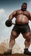 Placeholder: close up photography of a 50-year-old Italian man , burly chubby sweat, maneuvers a large excavator in the sun, shirtless and white boxer, big legs, big belly, goatee, ambient occlusion, frontal view, 4k,